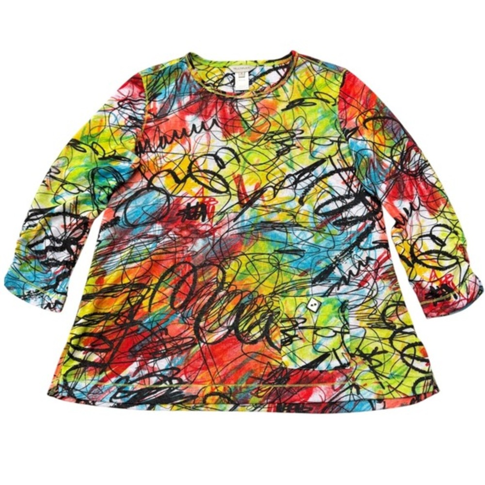 Multiples Abstract‎ Artistic Unique Print 3/4 Sleeve Tunic Top Womens Size S